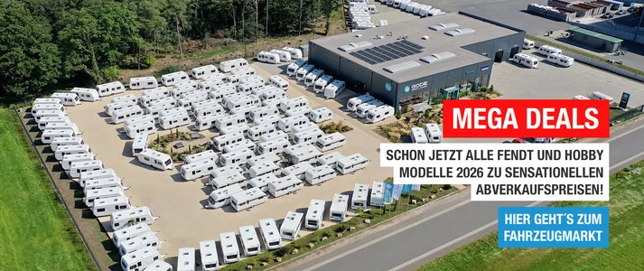 Luftbild vom Gode-Gelände und Schriftzug zu Caravan-Mega-Deals